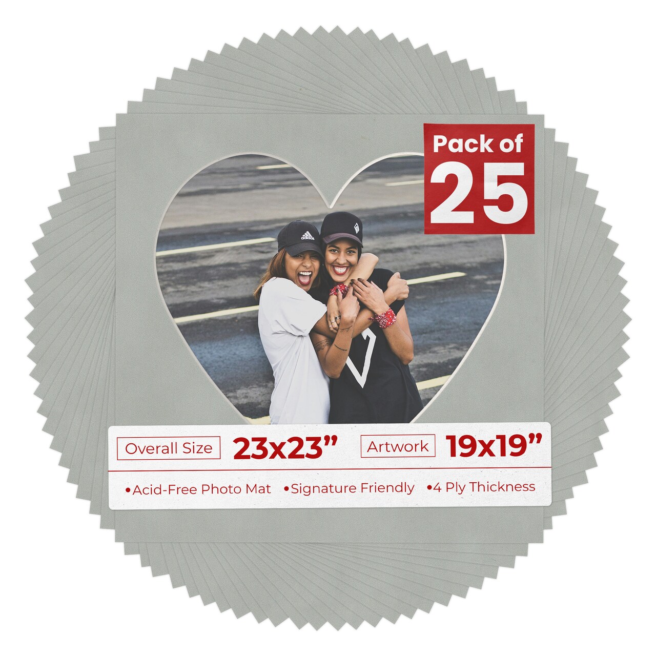 Light Grey Suede Mat Board for 23x23 Frames - Heart Opening for 19x19 Photos